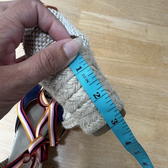 BODEN Cassie Navy Suede Wedge Espadrille Sandals Sz 38 Multistripe Ribbons Boho - Picture 7 of 10